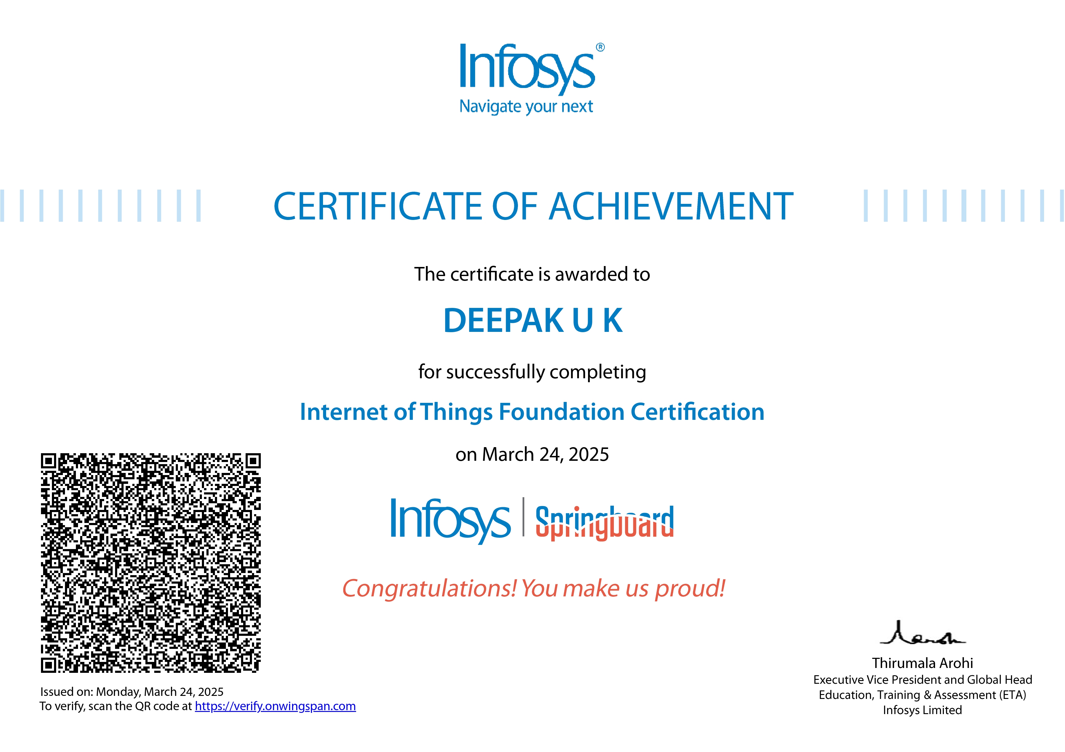 Internet of Things certificate from Infosys Springboard